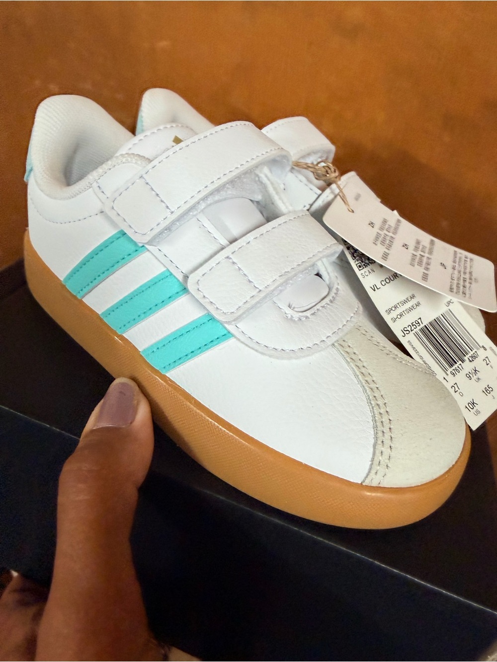 adidas White Kids Sneakers with Teal Stripes and Gum Sole